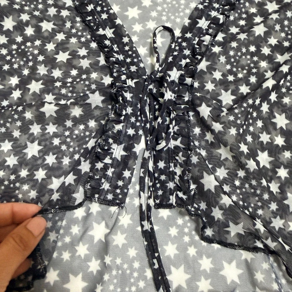 Free People Marne Star Sheer Mesh Top Women Small Black White Celestial Festival